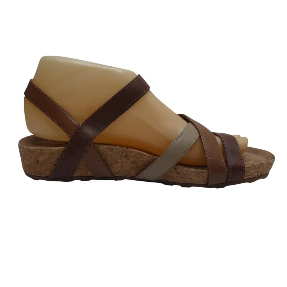 Walking Cradles Karen Brown Leather Open Toe Strappy Wedge Heel Sandals Womens 7